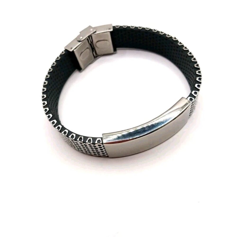 Mens Stainless Steel Bracelet Silver Tone + Black 8.5 Inches New